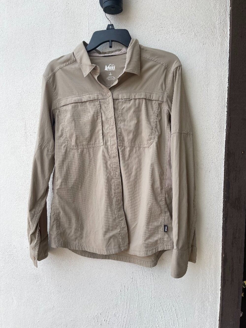 REI beige button up hiking shirt size L gorpcore outdoor lightweight sporty